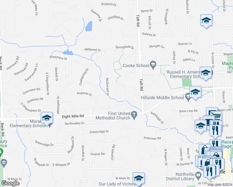 map of restaurants, bars, coffee shops, grocery stores, and more near 1096 Washington Circle in Northville
