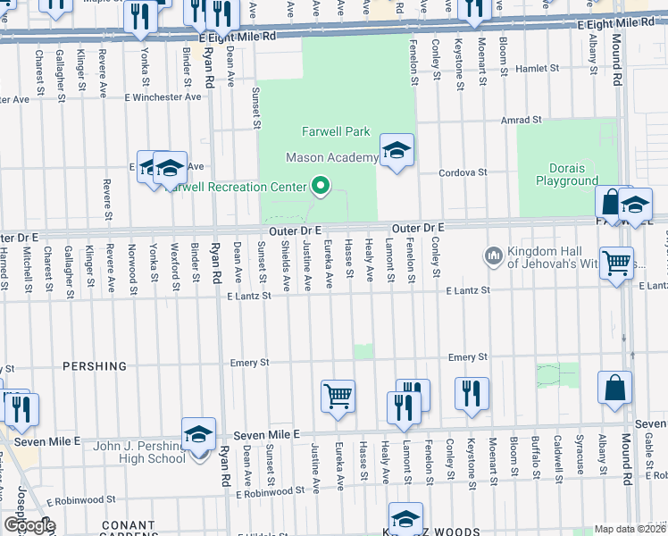 map of restaurants, bars, coffee shops, grocery stores, and more near 19694 Eureka Street in Detroit