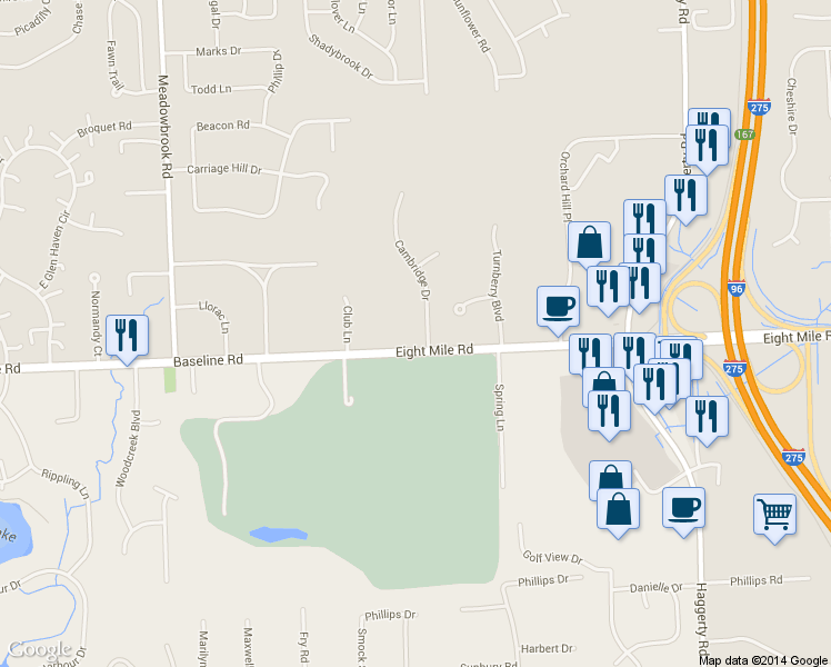 map of restaurants, bars, coffee shops, grocery stores, and more near 20775 Cambridge Drive in Northville