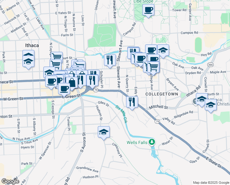 map of restaurants, bars, coffee shops, grocery stores, and more near 523 East State Street in Ithaca