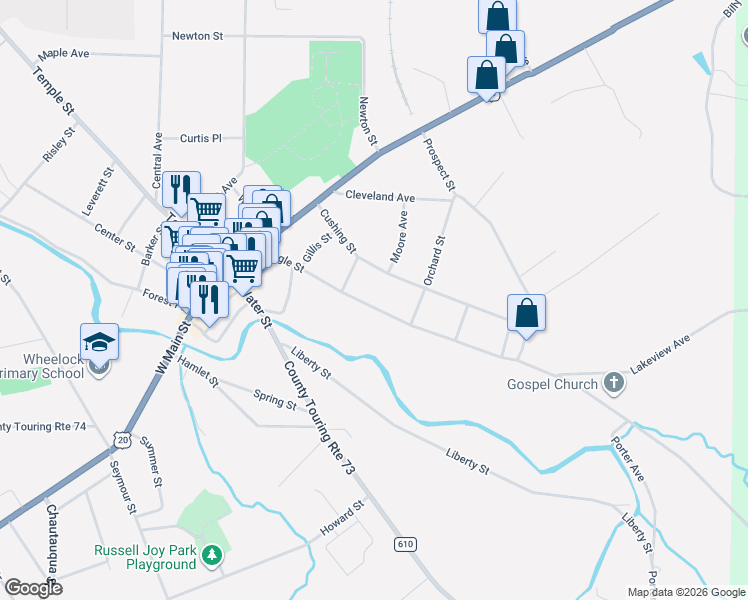 map of restaurants, bars, coffee shops, grocery stores, and more near 100 Eagle Street in Fredonia