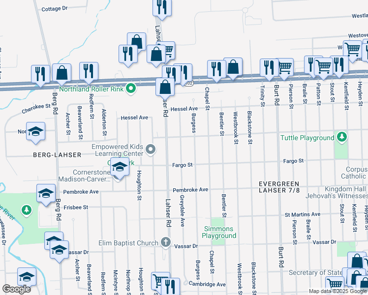 map of restaurants, bars, coffee shops, grocery stores, and more near 20074 Greydale Avenue in Detroit