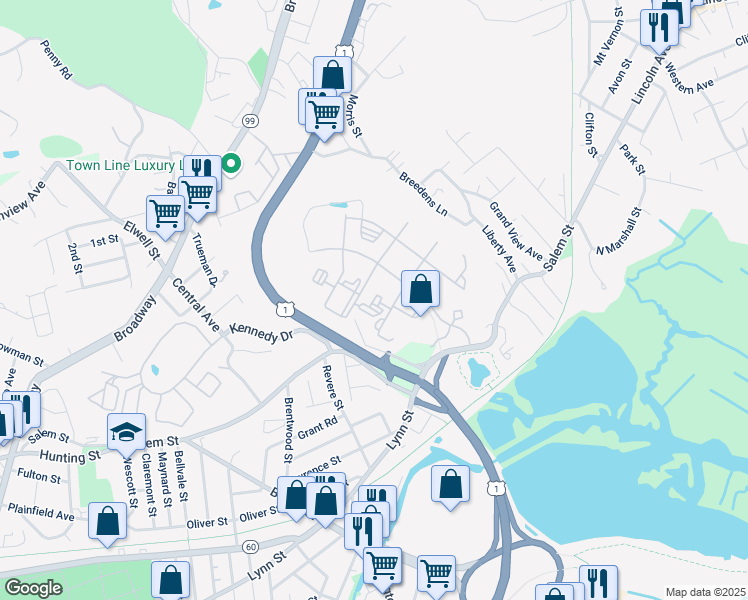 map of restaurants, bars, coffee shops, grocery stores, and more near 4 Stone Lane in Malden