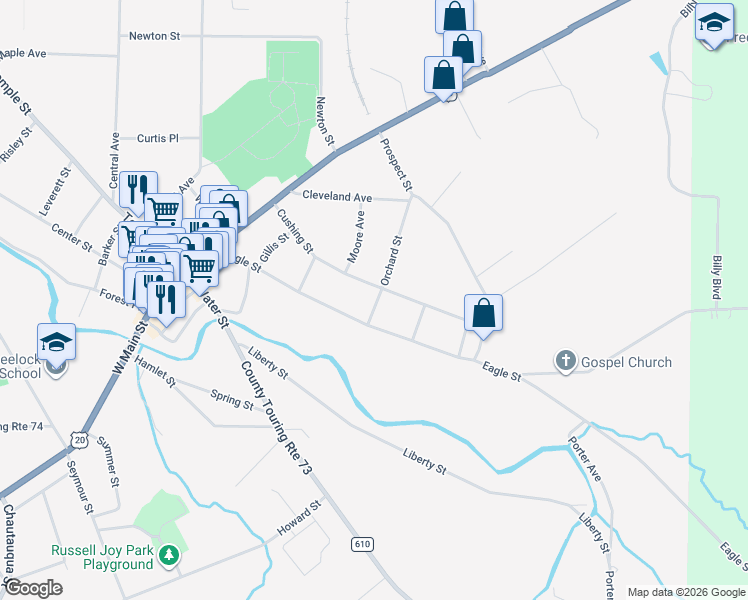 map of restaurants, bars, coffee shops, grocery stores, and more near 20 Orchard Street in Fredonia