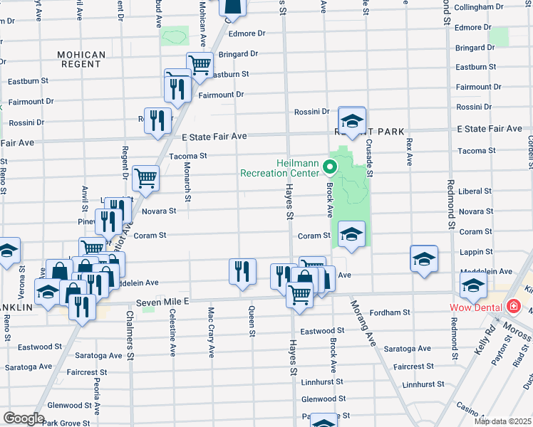 map of restaurants, bars, coffee shops, grocery stores, and more near 15017 Novara Street in Detroit