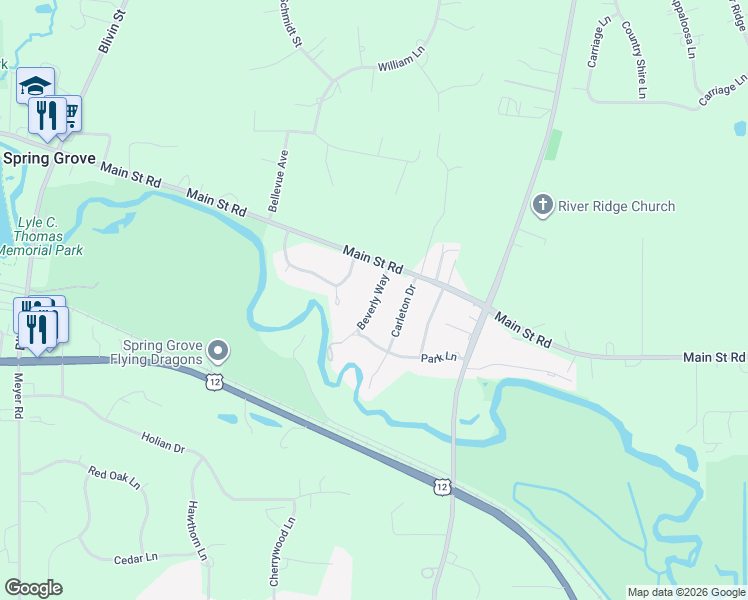 map of restaurants, bars, coffee shops, grocery stores, and more near 7715 Beverly Way in Spring Grove