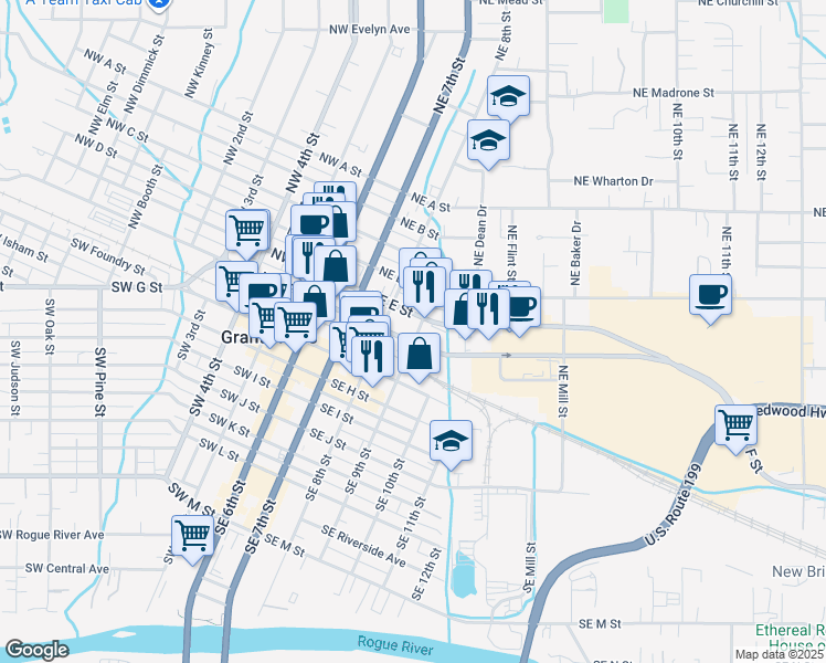 map of restaurants, bars, coffee shops, grocery stores, and more near 204 Northeast 9th Street in Grants Pass
