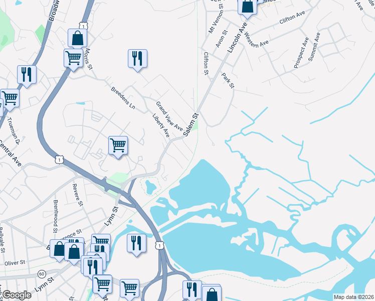 map of restaurants, bars, coffee shops, grocery stores, and more near 13 Fenwick Street in Revere