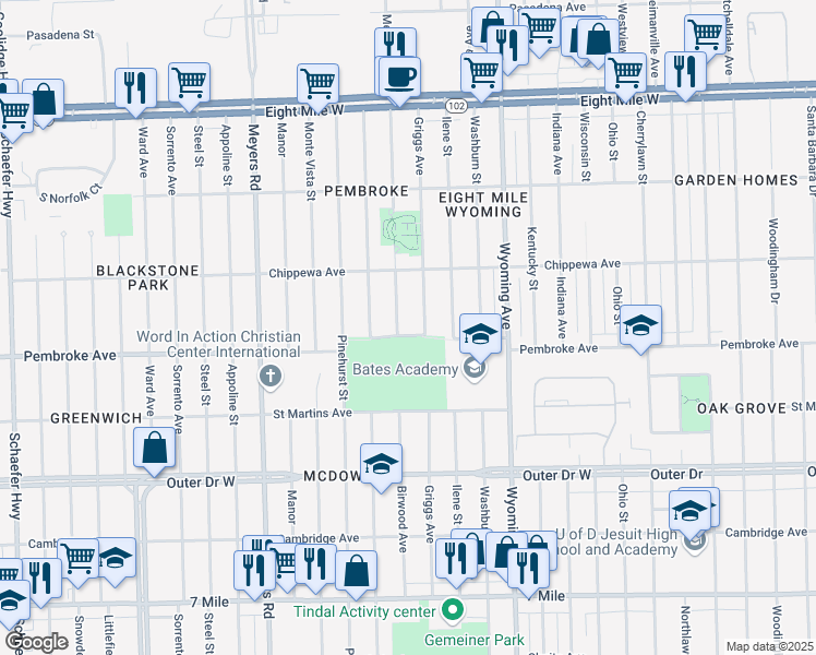map of restaurants, bars, coffee shops, grocery stores, and more near 19940 Birwood Ave in Detroit