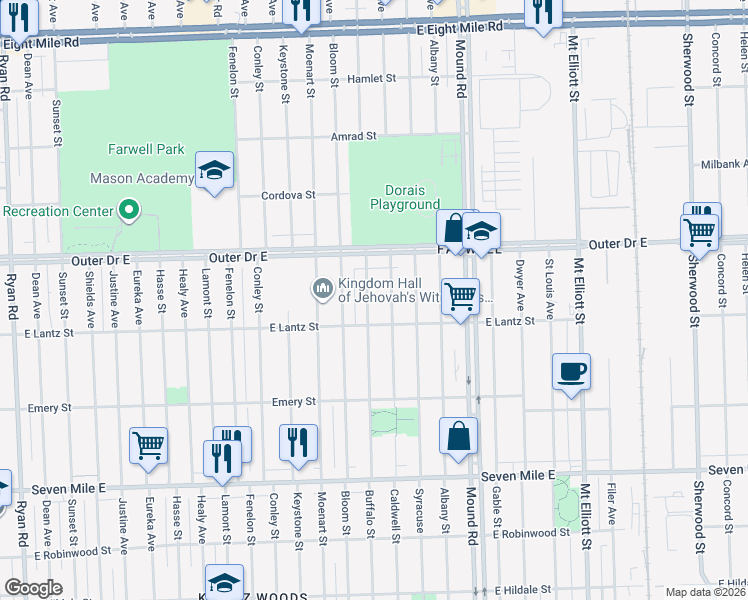 map of restaurants, bars, coffee shops, grocery stores, and more near 19675 Caldwell Street in Detroit