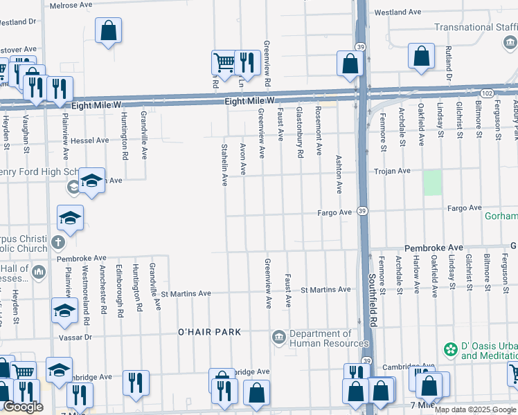 map of restaurants, bars, coffee shops, grocery stores, and more near 20019 Greenview Avenue in Detroit