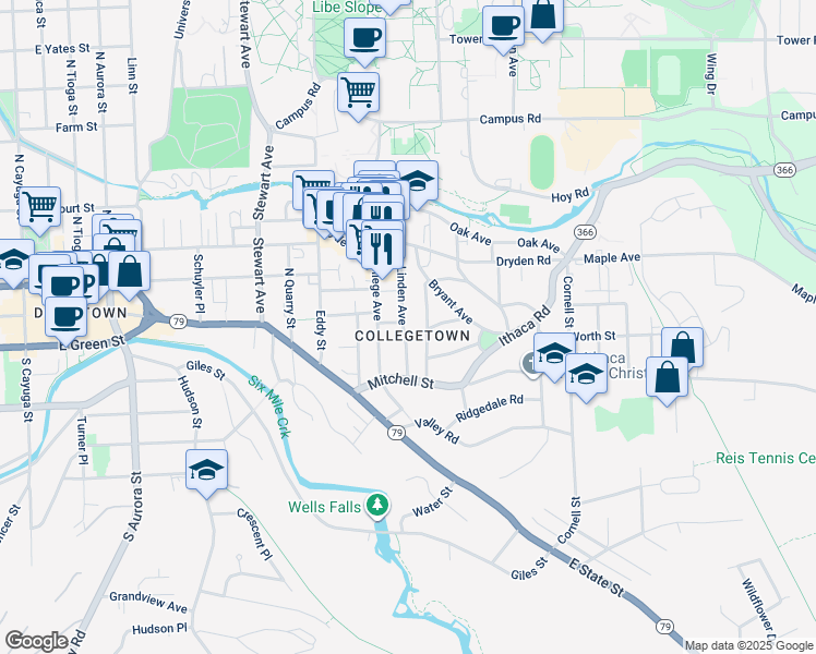map of restaurants, bars, coffee shops, grocery stores, and more near in Ithaca