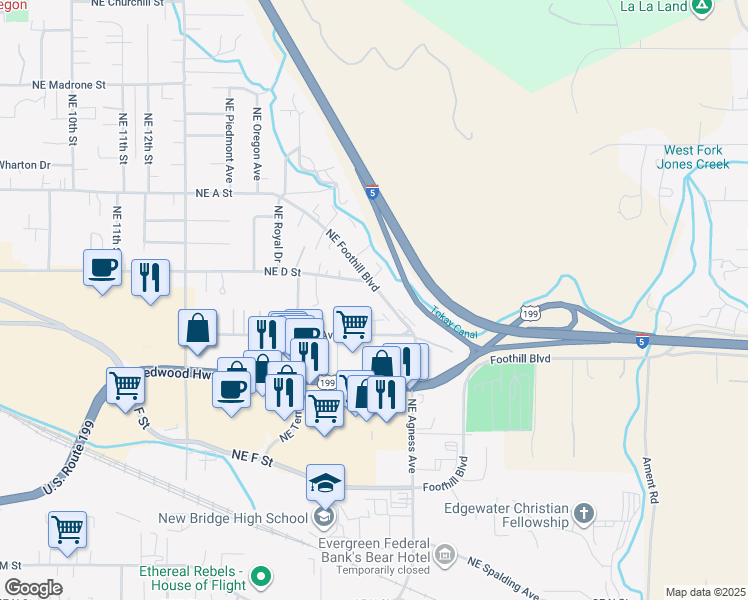 map of restaurants, bars, coffee shops, grocery stores, and more near 1801 Northeast Foothill Boulevard in Grants Pass