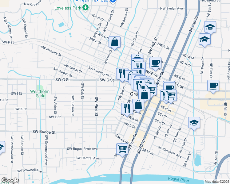 map of restaurants, bars, coffee shops, grocery stores, and more near 443 Southwest H Street in Grants Pass