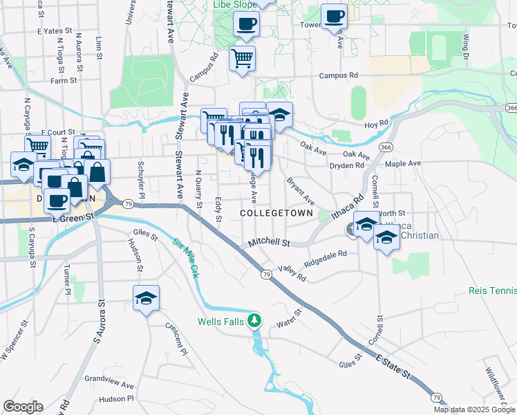 map of restaurants, bars, coffee shops, grocery stores, and more near 201 College Avenue in Ithaca