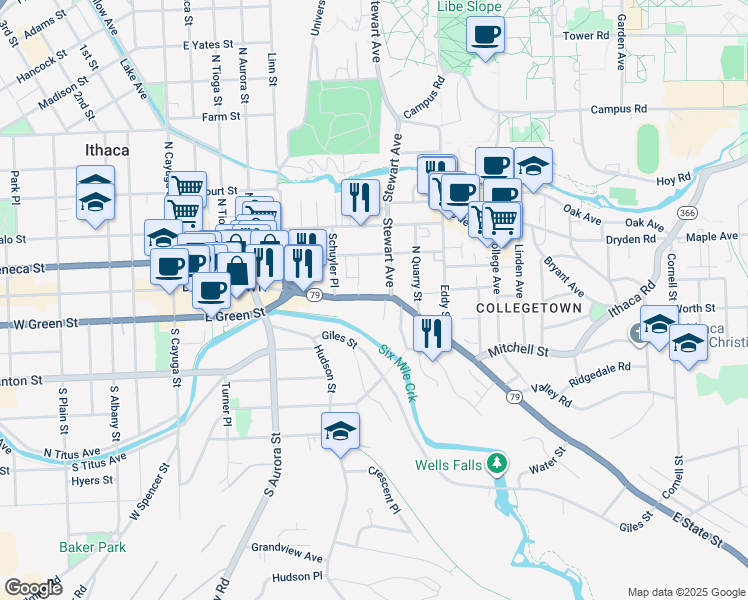map of restaurants, bars, coffee shops, grocery stores, and more near 103 Sage Place in Ithaca