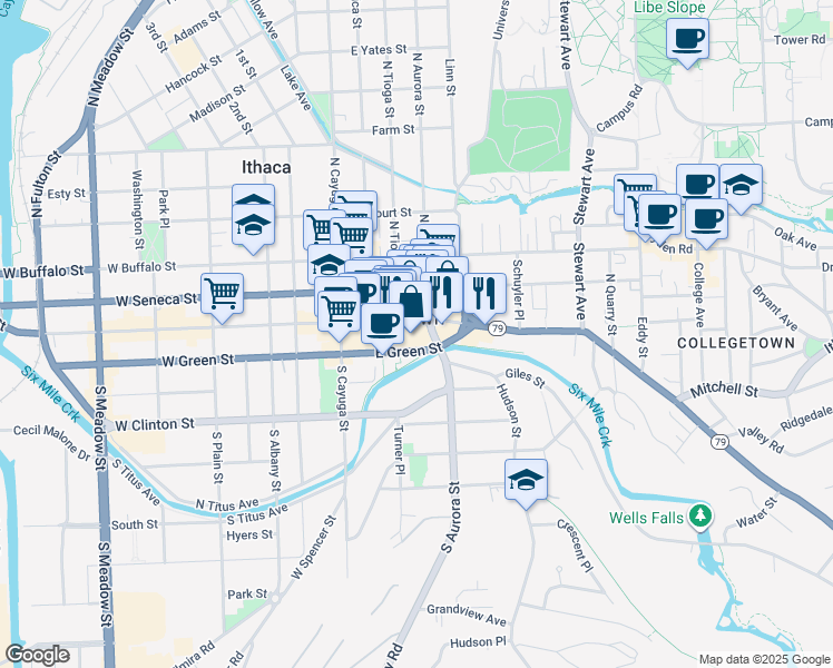 map of restaurants, bars, coffee shops, grocery stores, and more near 215 East State Street in Ithaca