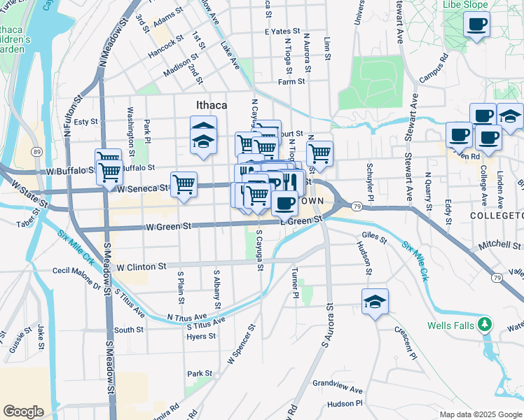 map of restaurants, bars, coffee shops, grocery stores, and more near in Ithaca