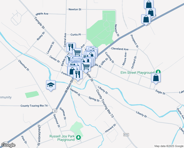 map of restaurants, bars, coffee shops, grocery stores, and more near 26 Water Street in Fredonia