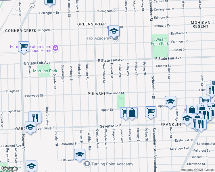 map of restaurants, bars, coffee shops, grocery stores, and more near 19568 Westphalia Street in Detroit