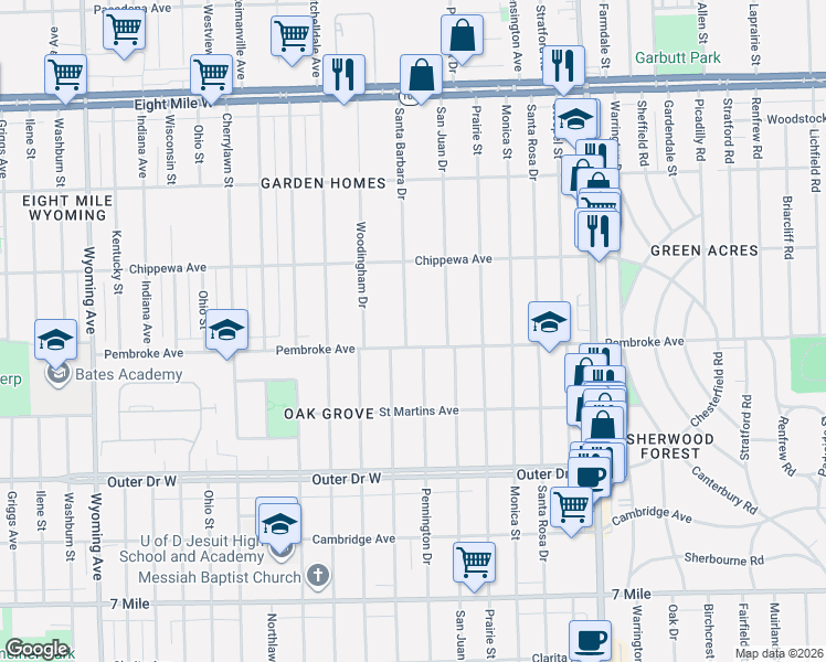map of restaurants, bars, coffee shops, grocery stores, and more near 19953 Santa Barbara Drive in Detroit