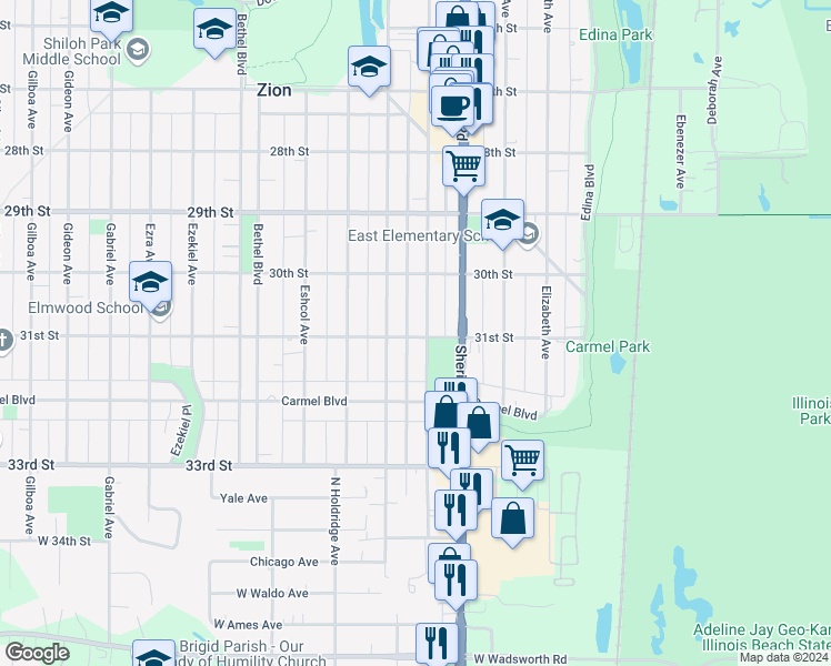 map of restaurants, bars, coffee shops, grocery stores, and more near 3019 Emmaus Avenue in Zion