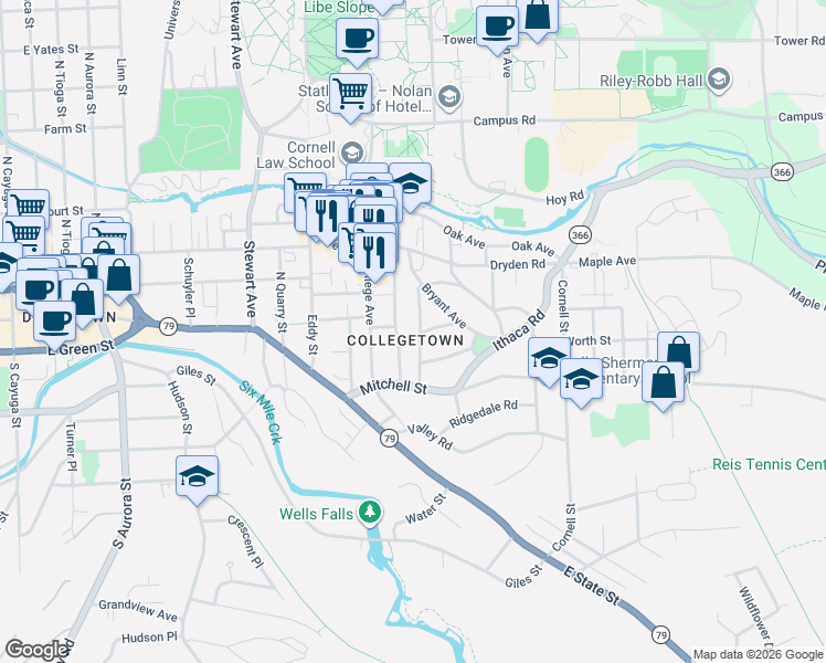 map of restaurants, bars, coffee shops, grocery stores, and more near in Ithaca