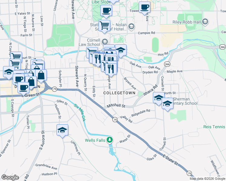 map of restaurants, bars, coffee shops, grocery stores, and more near in Ithaca