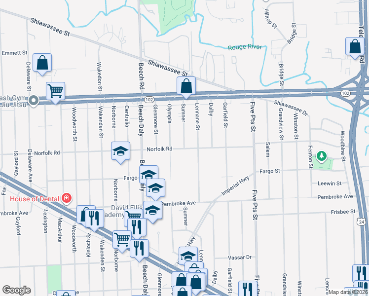 map of restaurants, bars, coffee shops, grocery stores, and more near 18450 Sumner Street in Redford Charter Township