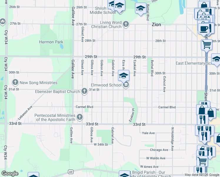 map of restaurants, bars, coffee shops, grocery stores, and more near 3028 Gabriel Avenue in Zion