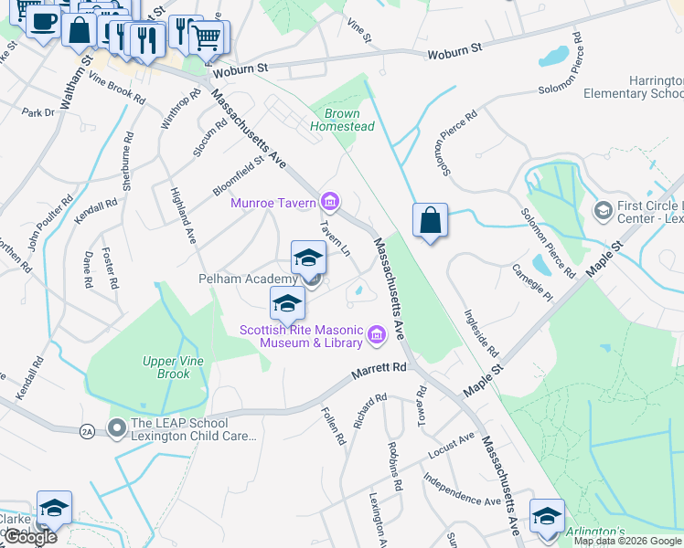 map of restaurants, bars, coffee shops, grocery stores, and more near 5 Pelham Road in Lexington