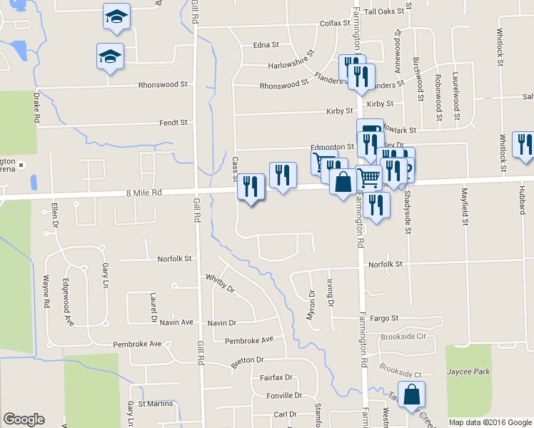 map of restaurants, bars, coffee shops, grocery stores, and more near 33523 8 Mile Road in Livonia