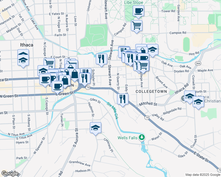 map of restaurants, bars, coffee shops, grocery stores, and more near 599 East Martin Luther King Jr. Street in Ithaca