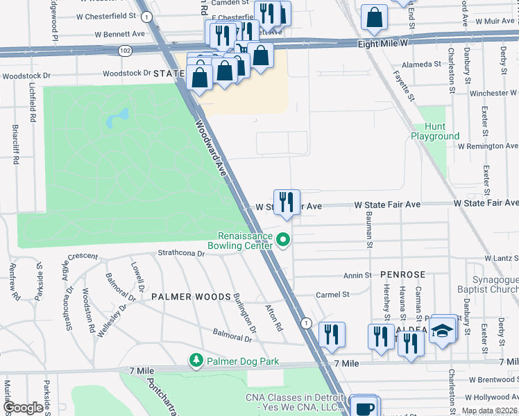 map of restaurants, bars, coffee shops, grocery stores, and more near 1291 West State Fair in Detroit