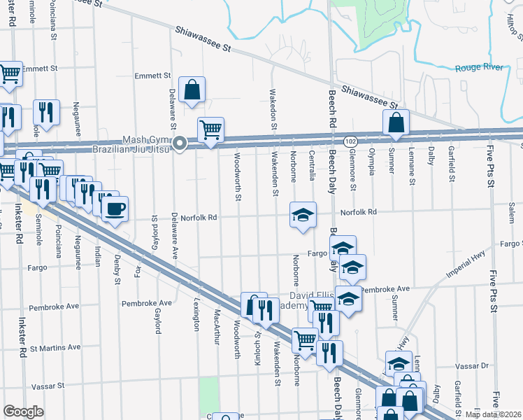 map of restaurants, bars, coffee shops, grocery stores, and more near 20412 Kinloch in Redford Charter Township