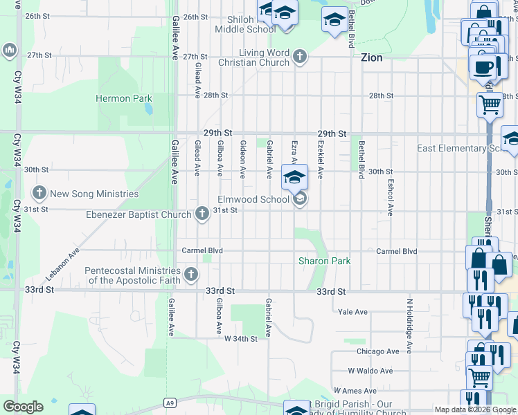 map of restaurants, bars, coffee shops, grocery stores, and more near 3028 Gabriel Avenue in Zion