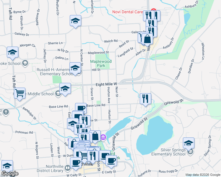 map of restaurants, bars, coffee shops, grocery stores, and more near 790 Horton Street in Northville
