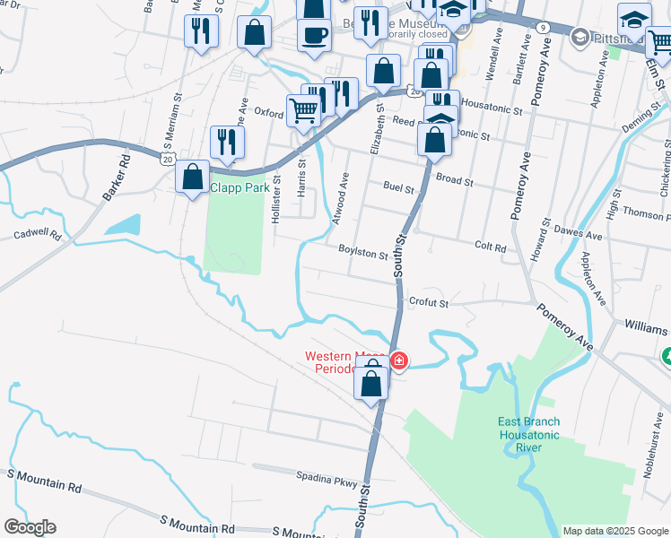 map of restaurants, bars, coffee shops, grocery stores, and more near 70 Bay State Road in Pittsfield