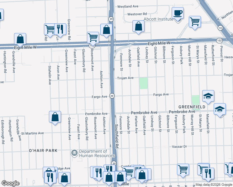 map of restaurants, bars, coffee shops, grocery stores, and more near 20027 Fenmore Street in Detroit