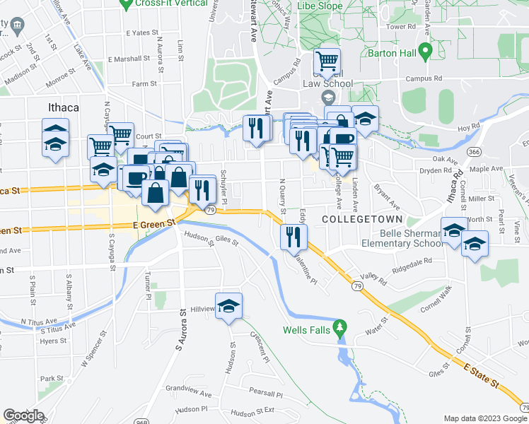 map of restaurants, bars, coffee shops, grocery stores, and more near East State Street & Stewart Avenue in Ithaca