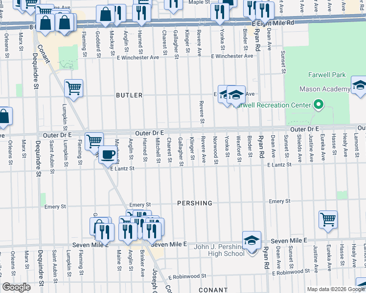 map of restaurants, bars, coffee shops, grocery stores, and more near 19707 Klinger Street in Detroit