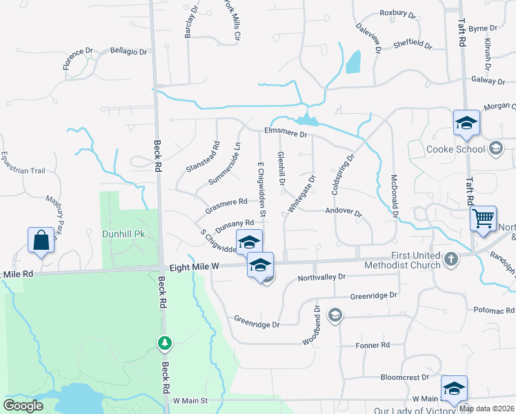 map of restaurants, bars, coffee shops, grocery stores, and more near 46793 Grasmere Road in Northville
