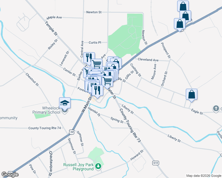 map of restaurants, bars, coffee shops, grocery stores, and more near 26 Water Street in Fredonia