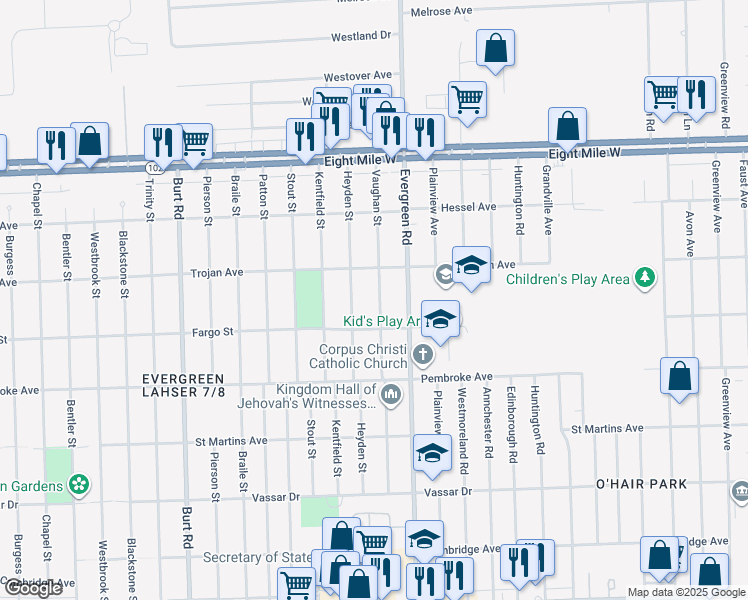 map of restaurants, bars, coffee shops, grocery stores, and more near 20071 Vaughan Street in Detroit