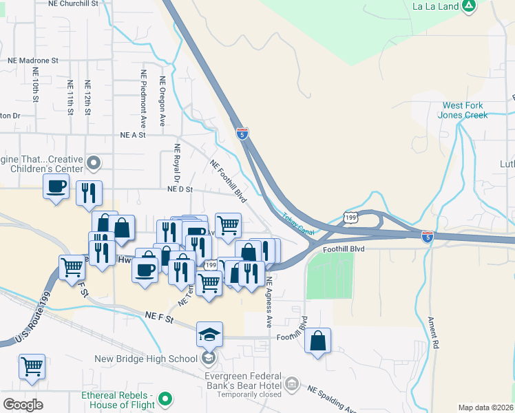 map of restaurants, bars, coffee shops, grocery stores, and more near 1840 Northeast Foothill Boulevard in Grants Pass