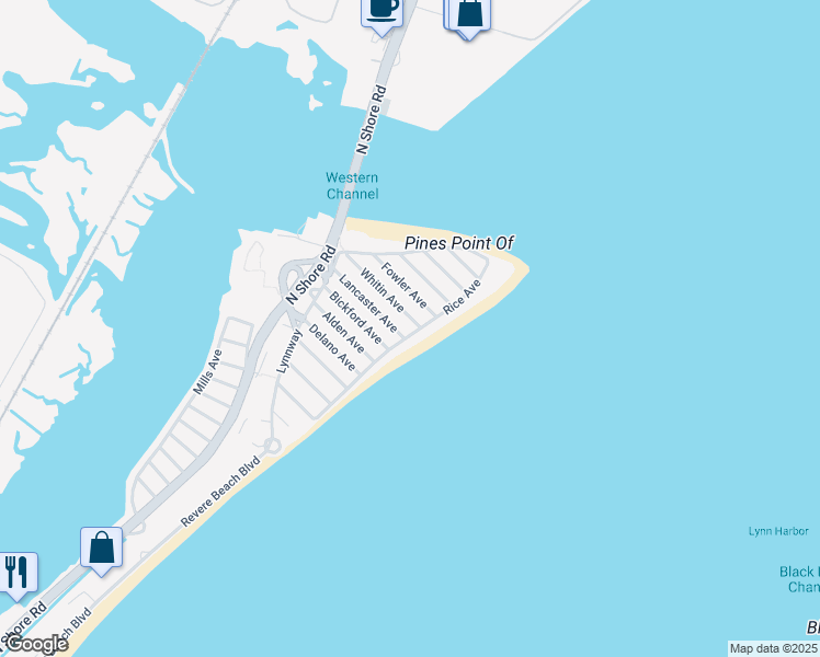 map of restaurants, bars, coffee shops, grocery stores, and more near 255 Rice Avenue in Revere