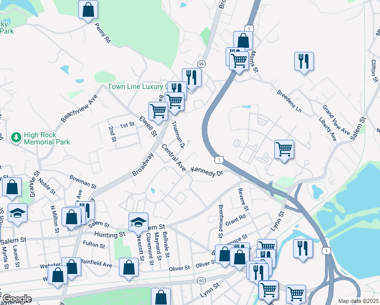 map of restaurants, bars, coffee shops, grocery stores, and more near 9 Village Court in Malden