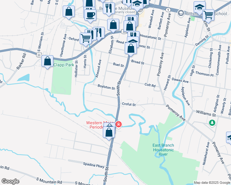 map of restaurants, bars, coffee shops, grocery stores, and more near 322 South Street in Pittsfield