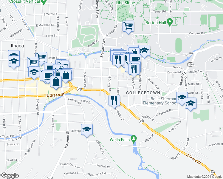 map of restaurants, bars, coffee shops, grocery stores, and more near 103 North Quarry Street in Ithaca