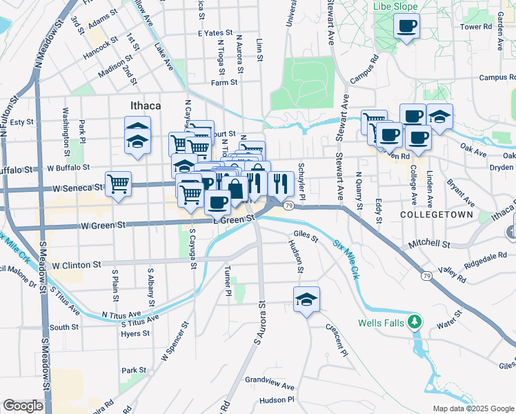 map of restaurants, bars, coffee shops, grocery stores, and more near 215 East State Street in Ithaca
